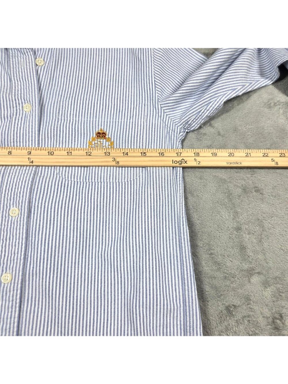 Vintage Lauren Ralph Lauren Top 2 Petite Blue Stripe Crest Logo Oxford Button Up - Picture 6 of 7